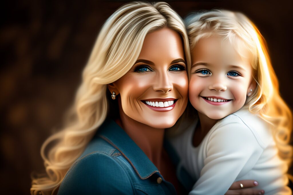 3 year old blonde girl and her mother hugging. pho 2 Relations