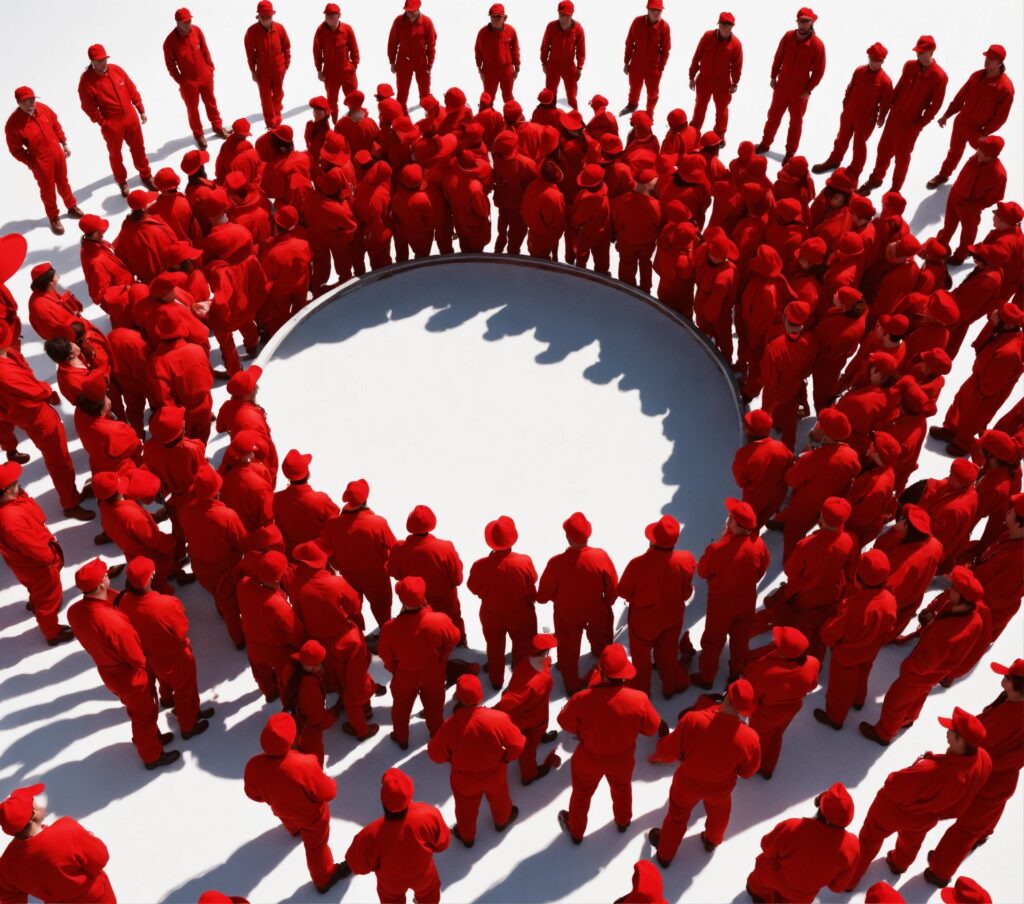 a realistic image of a crowd wearing red overalls quotes about World AIDS Day 1st december