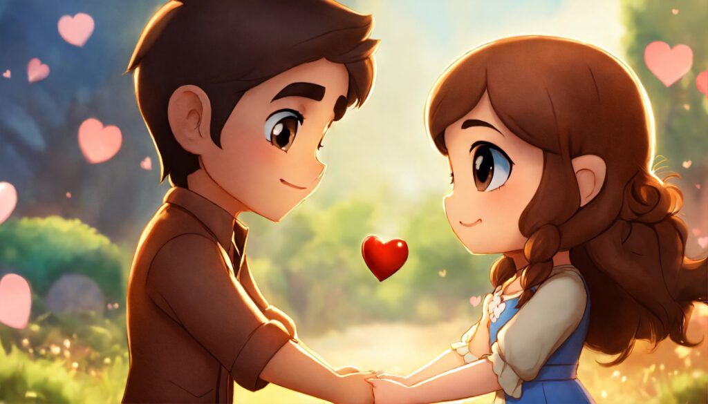 Chibi Disney dark haired man and light brown haire Valentine's Day quotes