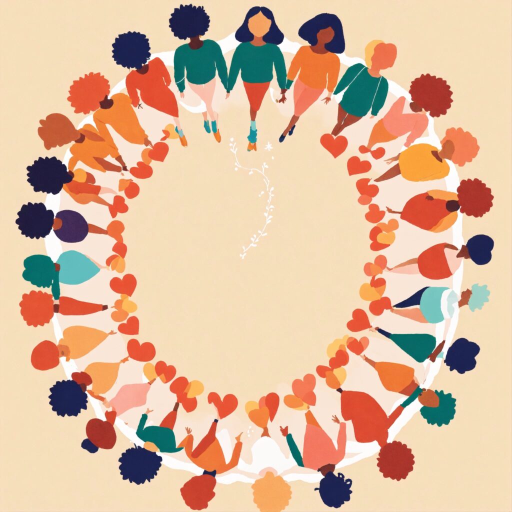 Illustration of eight white women linking arms in Inspiring Quotes for International Women's Day -8 March